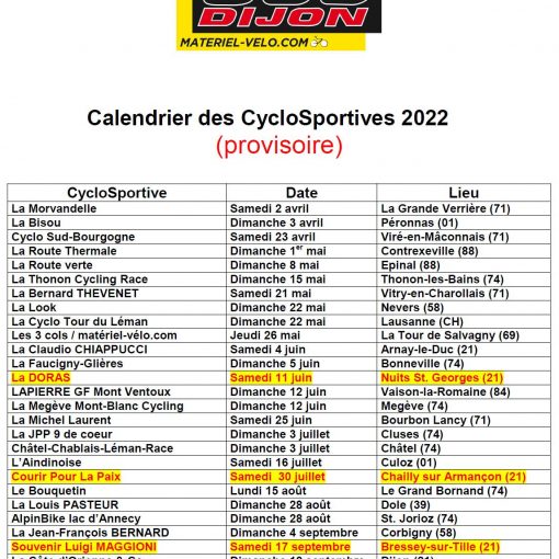 Calendrier des cyclosportives 2022