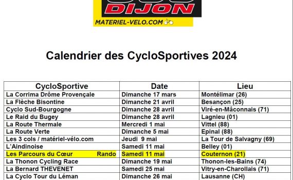 Calendrier des cyclosportives auxquels le SCO Dijon Materiel-velo.com - Team Cyclosport va participer en 2024