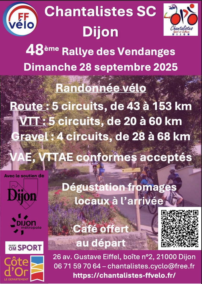 Affiche du 48e Rallye des Vendanges à Dijon, dimanche 28 septembre 2025. Circuits route, VTT et gravel, VAE acceptés. Dégustation de fromages locaux et café au départ. Infos : chantalistes-ffvelo.fr.